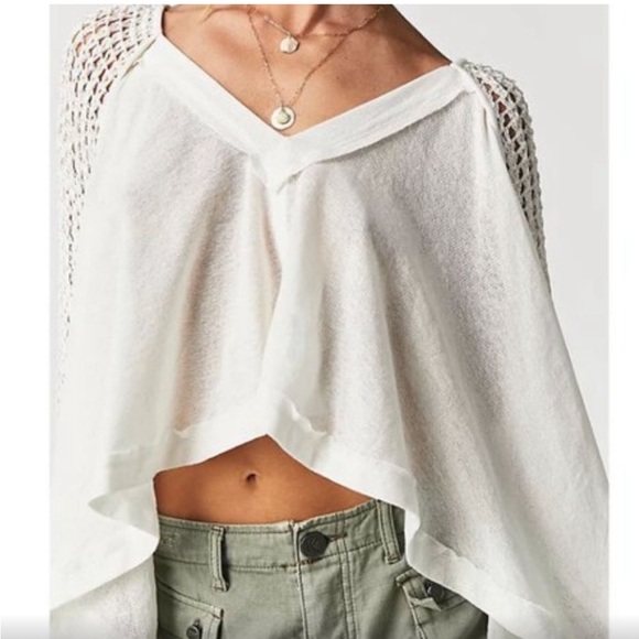 BEAUTIFUL Free People Castaway crochet sleeve top ivory women’s small oversized - Picture 10 of 13